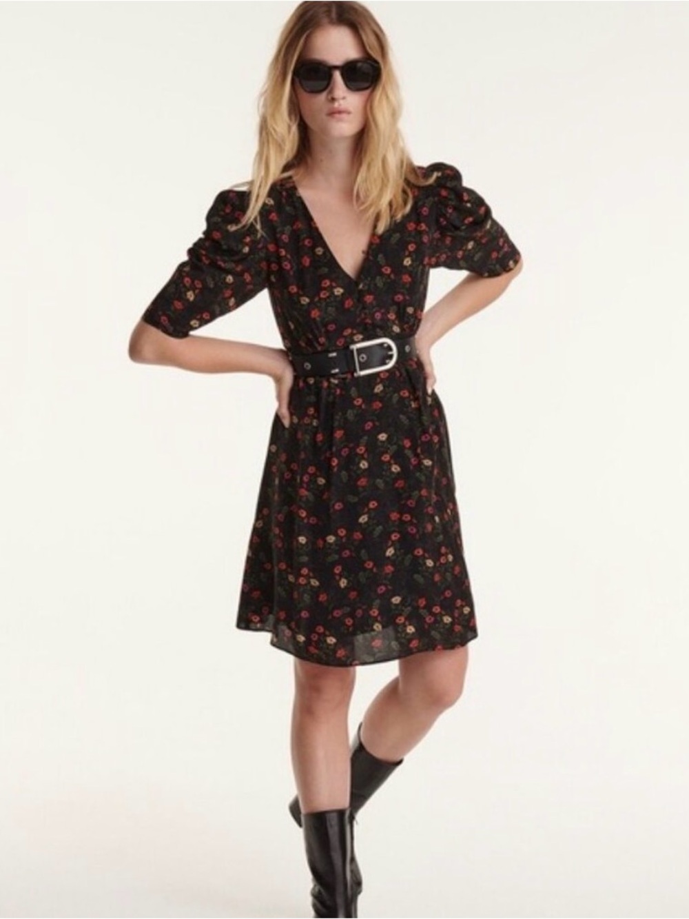 NWT The Kooples Paris Silk Blend Multi Poppy Mini Dress Puff Sleeve Size 1